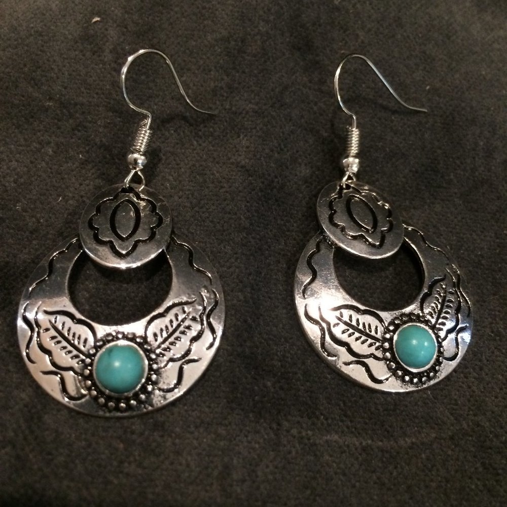 Turquoise Etched Silver Earrings